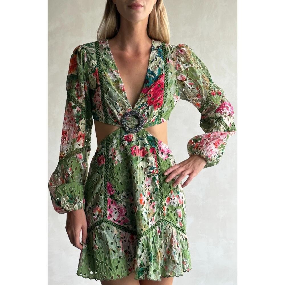 Hemant & Nandita Zaira Eyelet Floral Long Sleeve Mini Cut Out Dress Green XL
